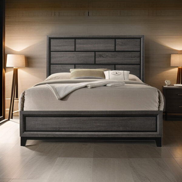 Erica Full Size Bed, Gray and Black Wood Finish, Panel Style Headboard
