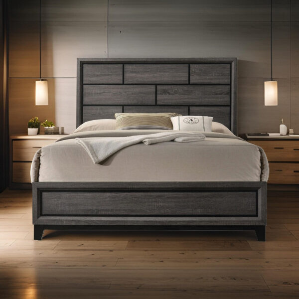 Erica Twin Size Bed, Gray and Black Wood Finish, Panel Style Headboard