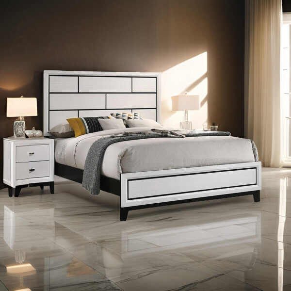 Erica Full Size Bed, White and Black Wood Finish, Panel Style Headboard