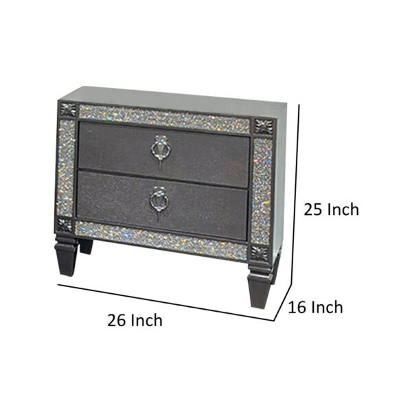 Laine Nightstand, 2 Drawers, Crystal Like Acrylic Trim, Gray Solid Wood