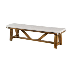 Jule Dining Bench, Trestle Base, 69 Inch, Brown Wood with Off White Seat