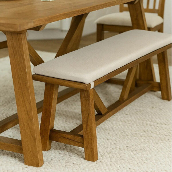Jule Dining Bench, Trestle Base, 69 Inch, Brown Wood with Off White Seat