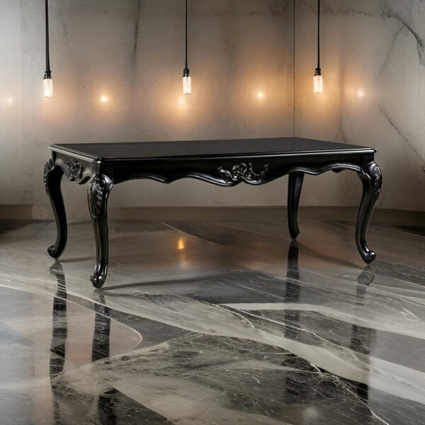 Roche Coffee Table, 53 Inch, Classical Cabriole Legs, Dark Brown Solid Wood