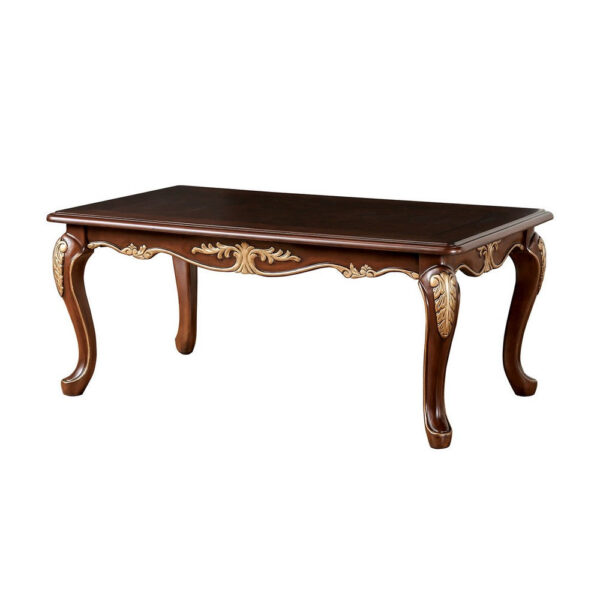 Saili Coffee Table, Gold Carvings, 48 Inch, Cabriole, Tobacco Brown Wood