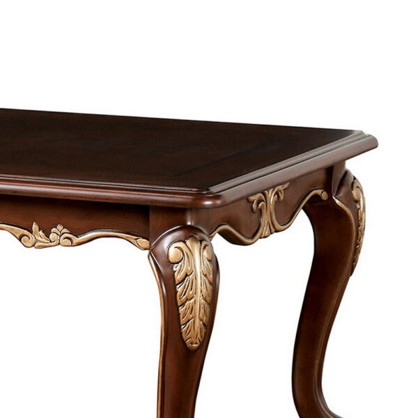 Saili Coffee Table, Gold Carvings, 48 Inch, Cabriole, Tobacco Brown Wood