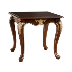 Saili Side End Table, Gold Carvings, 29 Inch, Cabriole, Tobacco Brown Wood