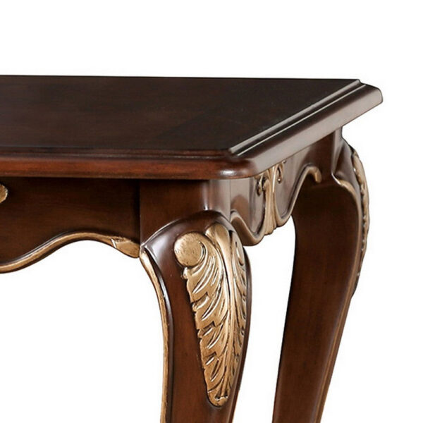 Saili Side End Table, Gold Carvings, 29 Inch, Cabriole, Tobacco Brown Wood