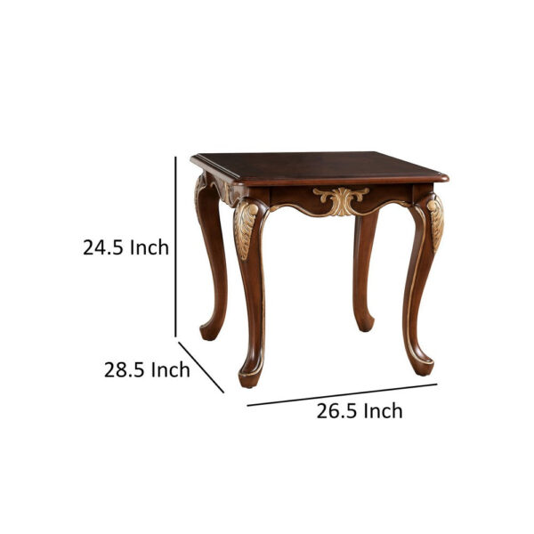 Saili Side End Table, Gold Carvings, 29 Inch, Cabriole, Tobacco Brown Wood