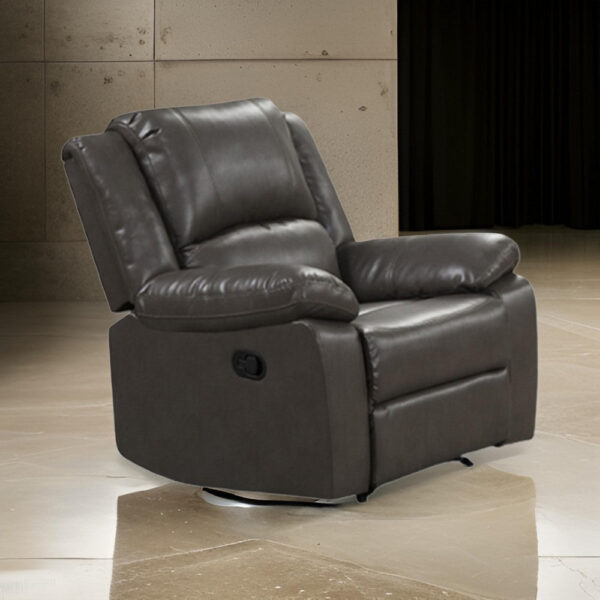 150220266991e3ee695e7.jpeg Lizzy Manual Glider Recliner Chair, Pillow Arms, Solid Wood, Gray Leather