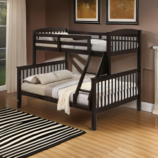 Bruke Twin/Full Size Bunk Bed with Ladder, Slatted Brown Solid Hardwood