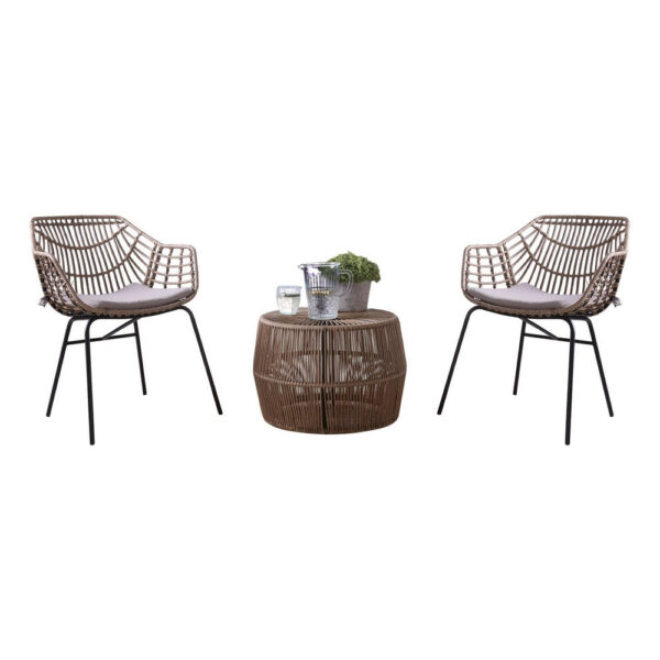 Zyan 3pc Outdoor Set, 2 Accent Chairs with Table, Black Steel, Gray, Rattan