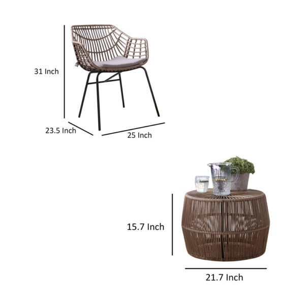 Zyan 3pc Outdoor Set, 2 Accent Chairs with Table, Black Steel, Gray, Rattan