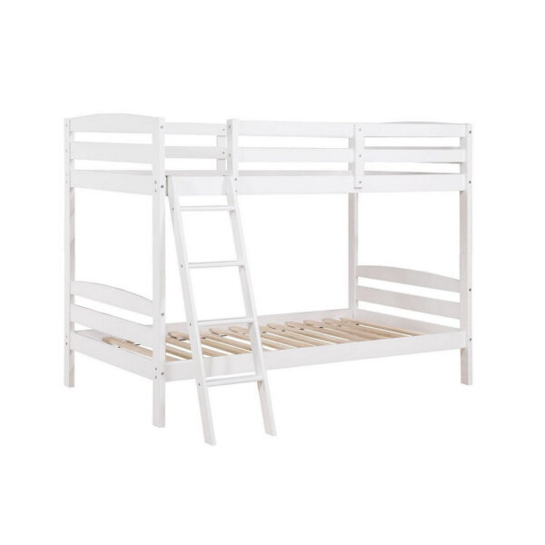 Hina Twin Bunk Bed, Angled Ladder, Sturdy Slat Design, White Solid Wood