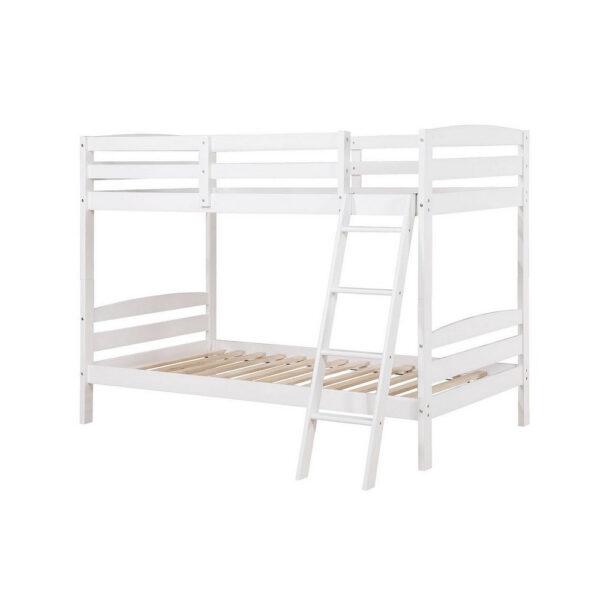 Hina Twin Bunk Bed, Angled Ladder, Sturdy Slat Design, White Solid Wood