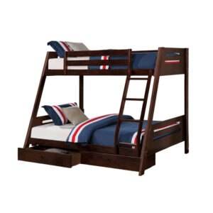 Emily Twin Over Full Bunk Bed with Ladder, 2 Drawers, Espresso Brown Wood