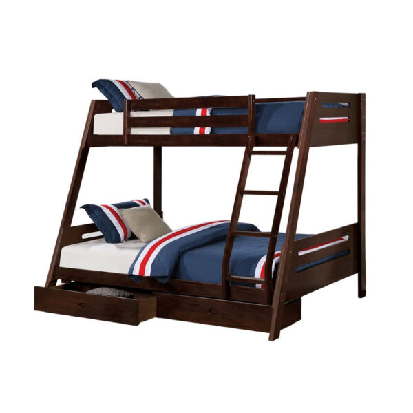 Emily Twin Over Full Bunk Bed with Ladder, 2 Drawers, Espresso Brown Wood