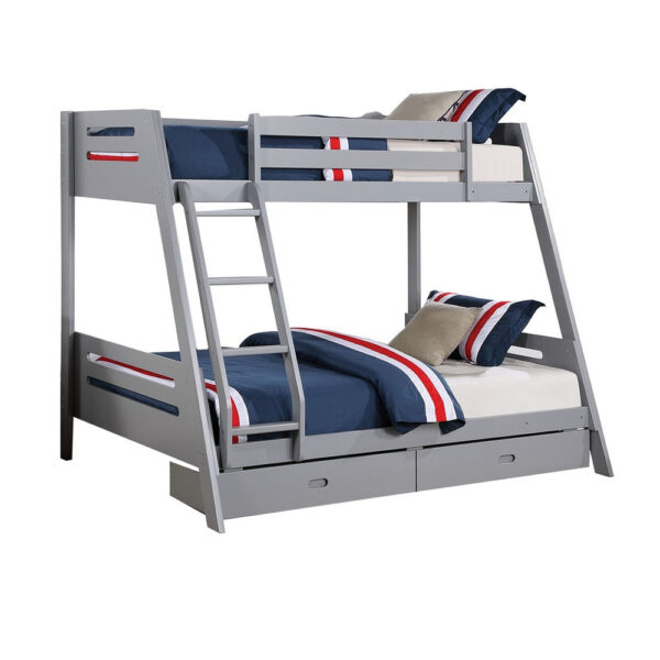 Emily Twin Over Full Bunk Bed with Ladder, 2 Drawers, Gray Solid Wood