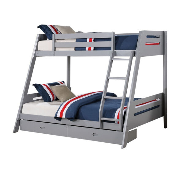 Emily Twin Over Full Bunk Bed with Ladder, 2 Drawers, Gray Solid Wood