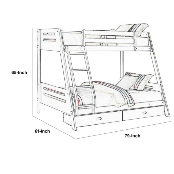 Emily Twin Over Full Bunk Bed with Ladder, 2 Drawers, White Solid Wood