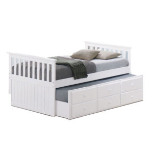 Clen Twin Captain Bed, Trundle with 3 Drawer Storage, White Solid Hardwood
