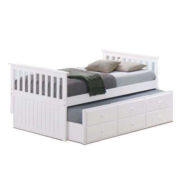 150220266991e48c7ab2d.jpeg Clen Twin Captain Bed, Trundle with 3 Drawer Storage, White Solid Hardwood