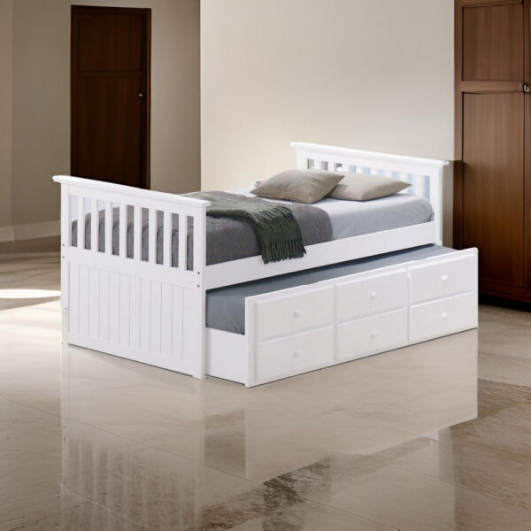 150220266991e494a9c6c.jpeg Clen Twin Captain Bed, Trundle with 3 Drawer Storage, White Solid Hardwood