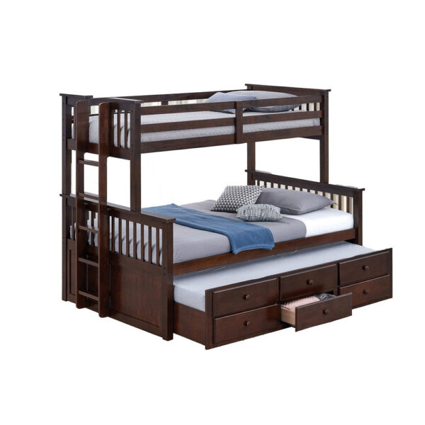 Veran Twin Over Full Bunk Bed, Trundle and 3 Drawers, Dark Brown Solid Wood
