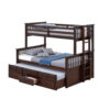 Veran Twin Over Full Bunk Bed, Trundle and 3 Drawers, Dark Brown Solid Wood