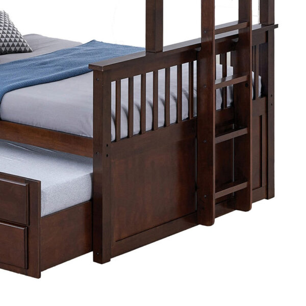 Veran Twin Over Full Bunk Bed, Trundle and 3 Drawers, Dark Brown Solid Wood