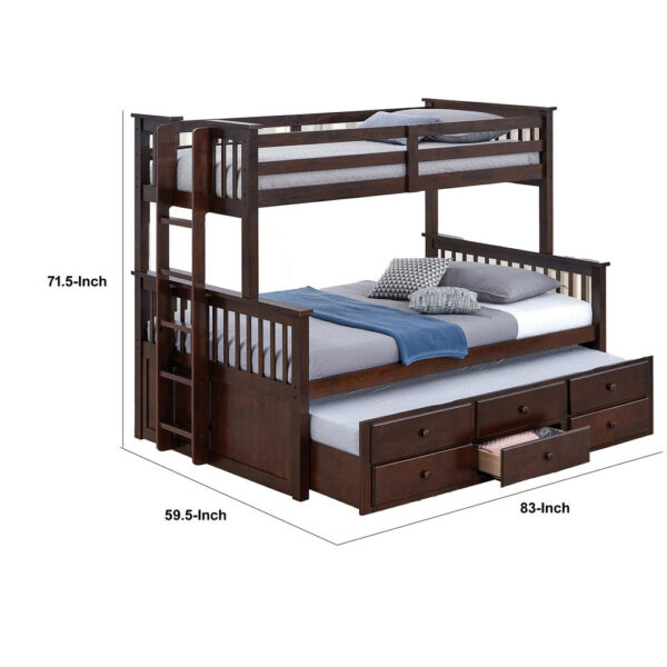 Veran Twin Over Full Bunk Bed, Trundle and 3 Drawers, Dark Brown Solid Wood