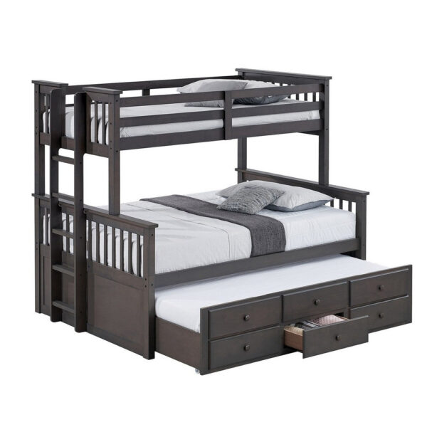 Veran Twin Over Full Bunk Bed, Trundle and 3 Drawers, Dark Gray Solid Wood
