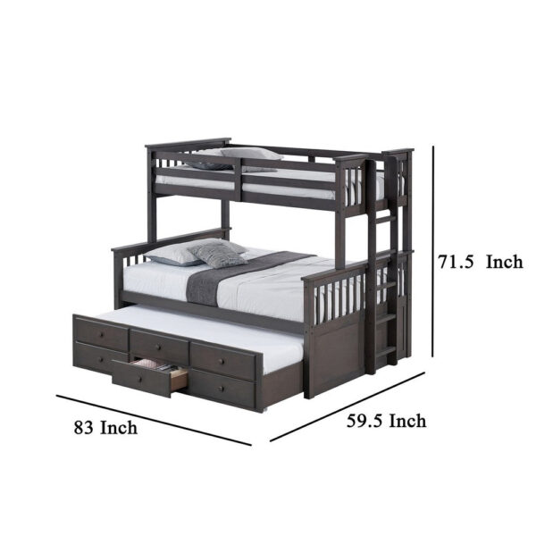 Veran Twin Over Full Bunk Bed, Trundle and 3 Drawers, Dark Gray Solid Wood