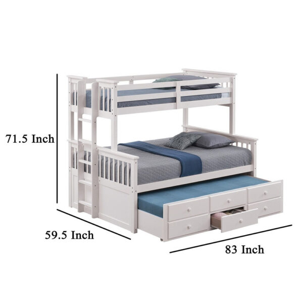 Veran Twin Over Full Bunk Bed, Trundle and 3 Drawers, White Solid Wood