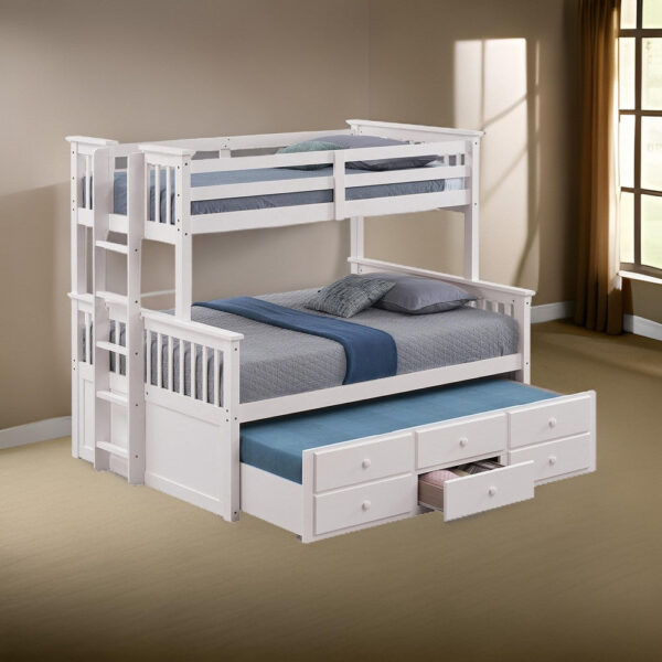 Veran Twin Over Full Bunk Bed, Trundle and 3 Drawers, White Solid Wood