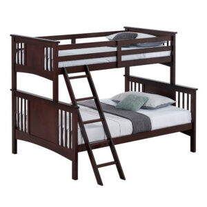 Ricky Twin Over Full Bunk Bed, Angled Ladder, Dark Brown Solid Hardwood