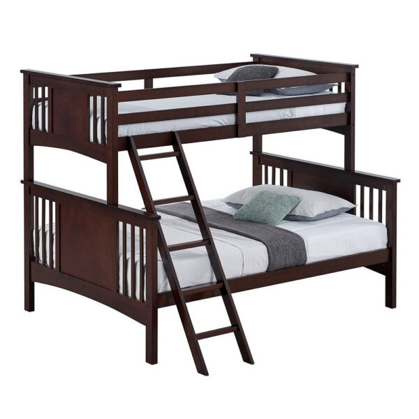 Ricky Twin Over Full Bunk Bed, Angled Ladder, Dark Brown Solid Hardwood