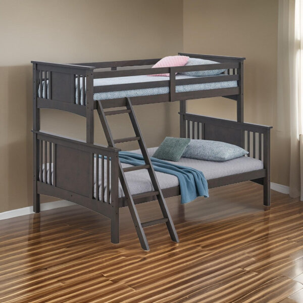 Ricky Twin Over Full Bunk Bed, Angled Ladder, Stain Gray Solid Hardwood