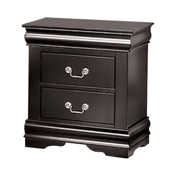 150220266991e52a4de58.jpeg Ryla Nightstand, 2 Drawers, Black Solid Wood, Nickel Metal Drop Handles