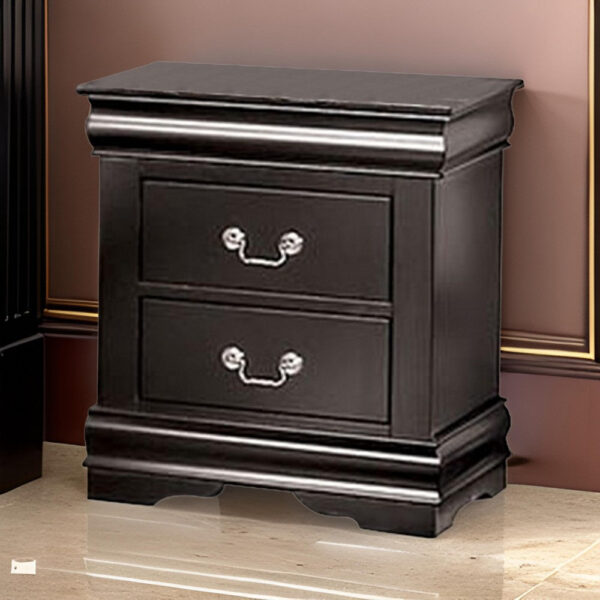 150220266991e53197263.jpeg Ryla Nightstand, 2 Drawers, Black Solid Wood, Nickel Metal Drop Handles