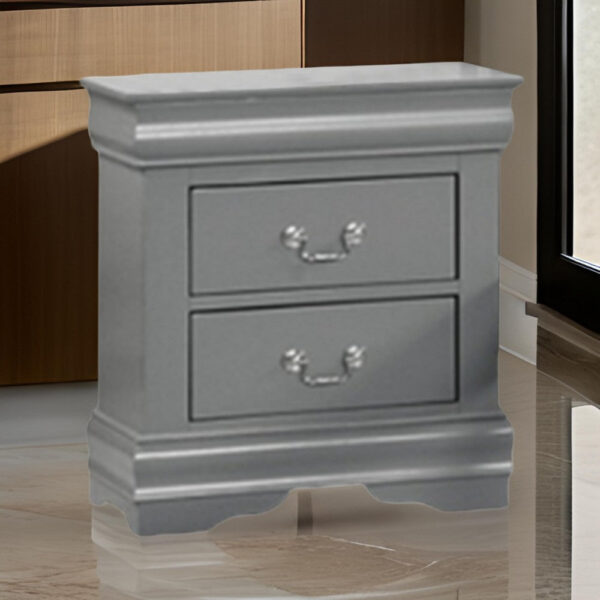 150220266991e567eaf1b.jpeg Ryla Nightstand, 2 Drawers, Light Gray Solid Wood, Nickel Drop Handles