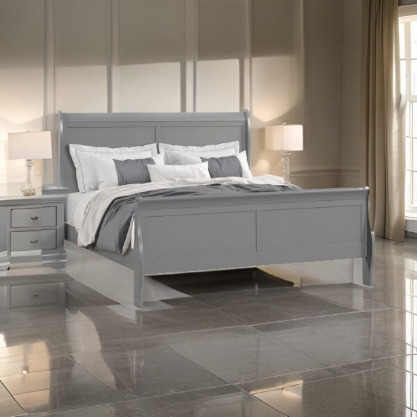 150220266991e57e153c1.jpeg Ryla Queen Size Bed, Sleigh Panel Headboard, Classic Light Gray Solid Wood
