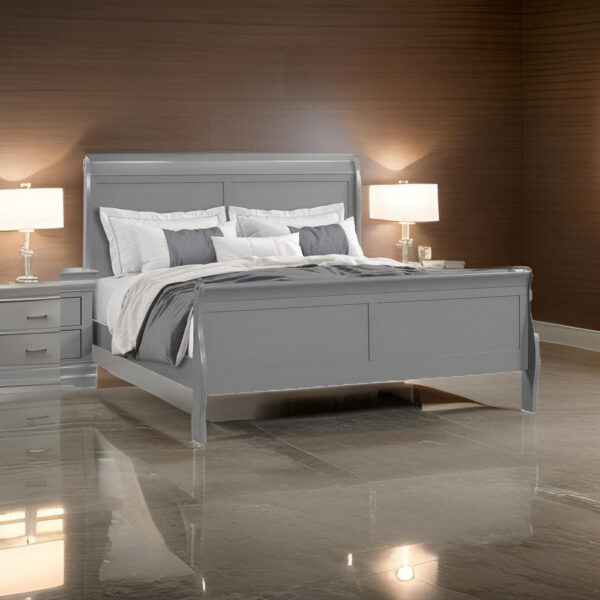 Ryla Twin Size Bed, Sleigh Panel Headboard, Classic Light Gray Solid Wood