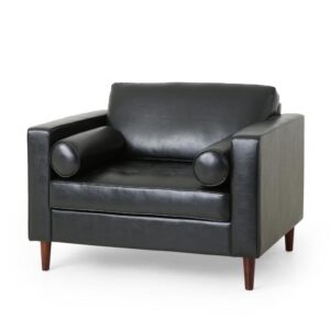 Accent Club Chair, 45 Inch Padded Seat, Birch Wood Legs, Black Faux Leather
