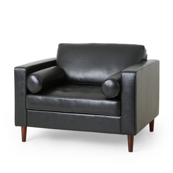 150220266991e5977bad9.jpeg Accent Club Chair, 45 Inch Padded Seat, Birch Wood Legs, Black Faux Leather