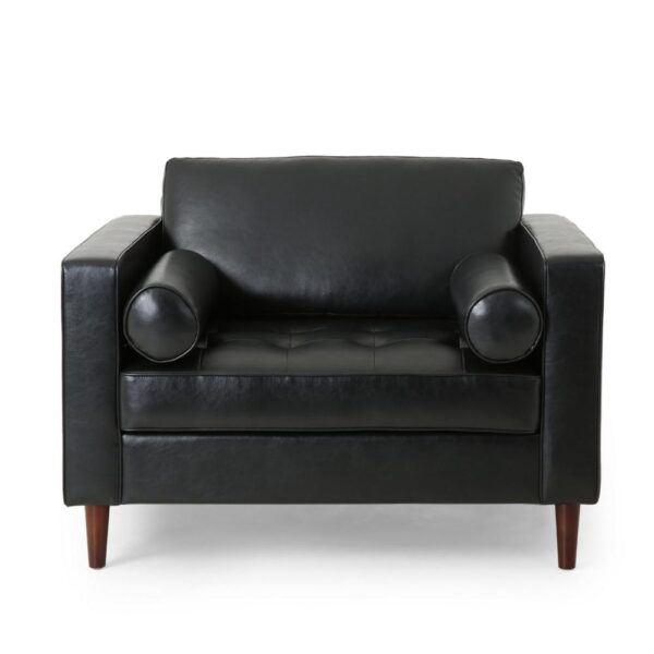 150220266991e598ecf03.jpeg Accent Club Chair, 45 Inch Padded Seat, Birch Wood Legs, Black Faux Leather