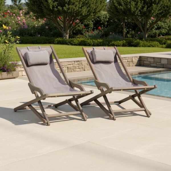 Mikki Portable Sling Chair Set of 2 with Pillows, Gray Polyester, Wood Base