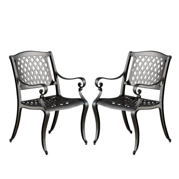 Cay Outdoor Dining Chair Set of 2, Mesh Style Back, Black Cast Aluminium