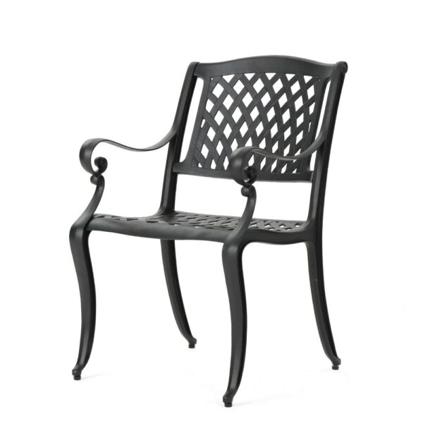 Cay Outdoor Dining Chair Set of 2, Mesh Style Back, Black Cast Aluminium