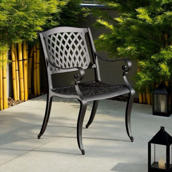 Cay Outdoor Dining Chair Set of 2, Mesh Style Back, Black Cast Aluminium