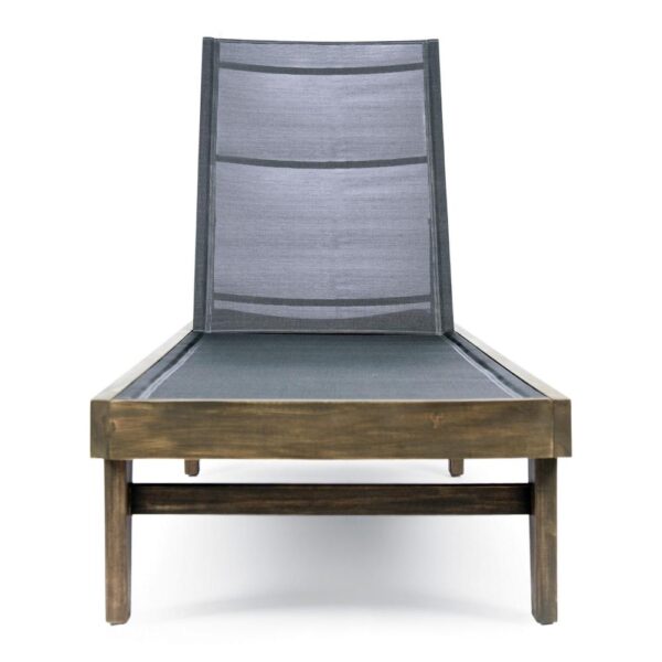 Liam Outdoor Chaise Lounger, 78 Inch Mesh Seat, Dark Gray Acacia Wood Frame